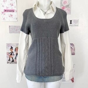 Jessica Y2K Short Sleeve Cable Knit Sweater babydoll Gray Ivory Layered M —
